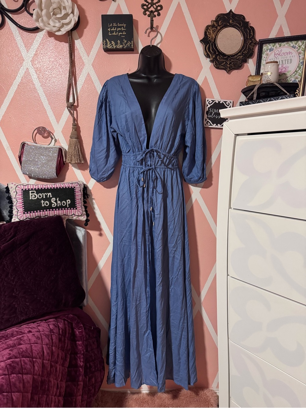 Elan Dusty Blue V-Neck Maxi Dress /Beach Cover Up with Drawstring Waist